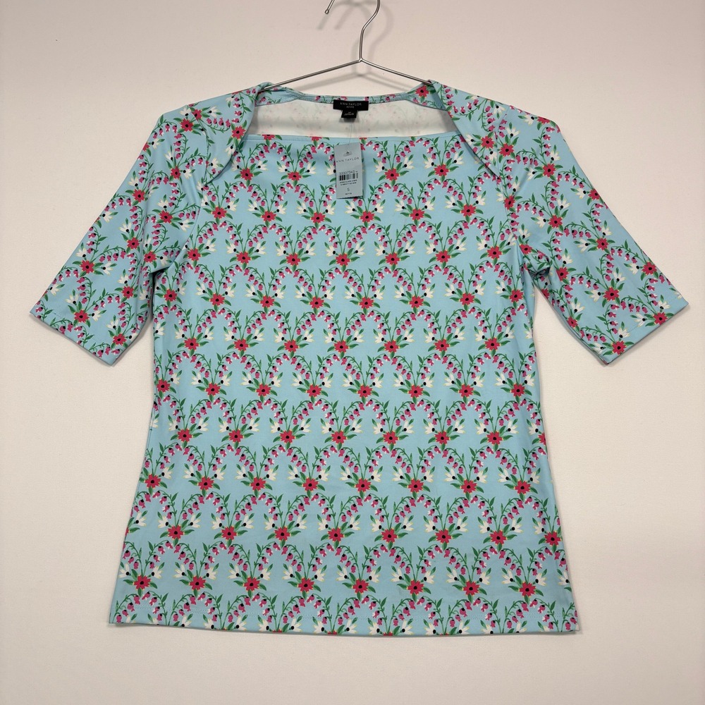 Ann Taylor Women Top Small Petite Blue Floral Square Neck Short Sleeve 33307343